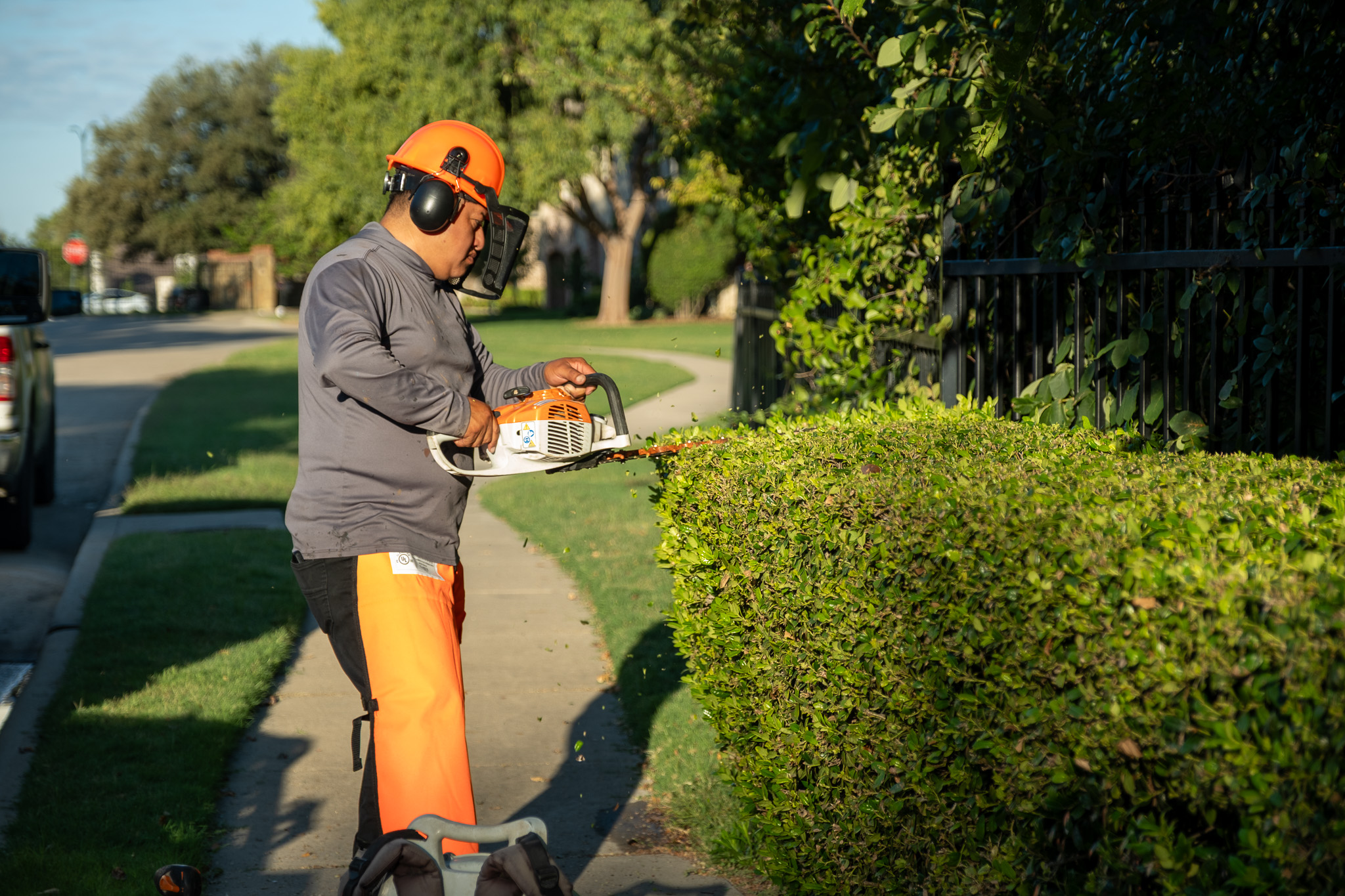 True Star crew trimming hedges at commercial property